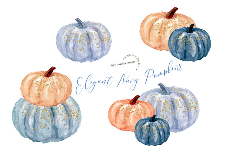 elegant-navy-blue-pumpkin-clipart-greenery-floral-clip-art