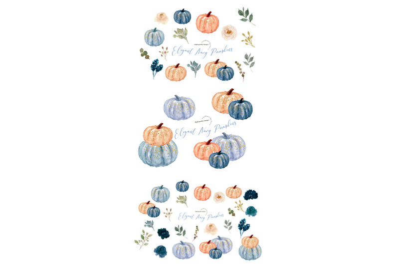 elegant-navy-blue-pumpkin-clipart-greenery-floral-clip-art