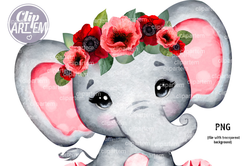 red-floral-crown-baby-girl-elephant-png-clip-art-sublimation