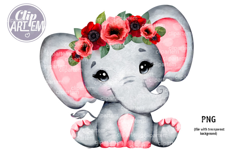 red-floral-crown-baby-girl-elephant-png-clip-art-sublimation