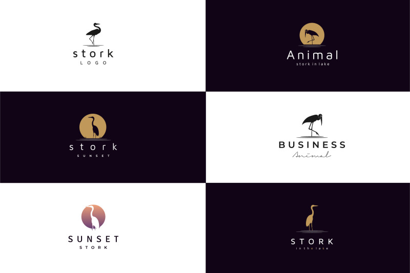 stork-heron-bird-on-river-lake-creek-sunset-logo-design-set