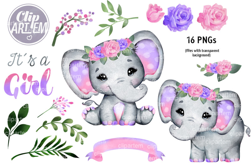pink-purple-girl-elephant-16-png-set-lavender-baby-elephant-clip-art
