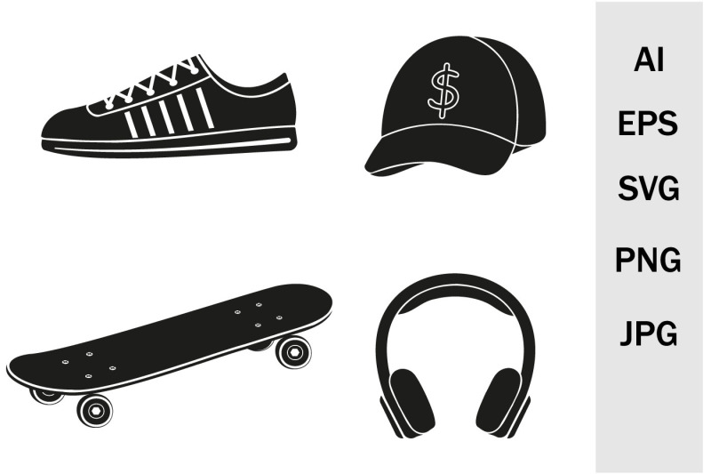 bundle-skateboard-cap-headphones-sneakers-svg-template