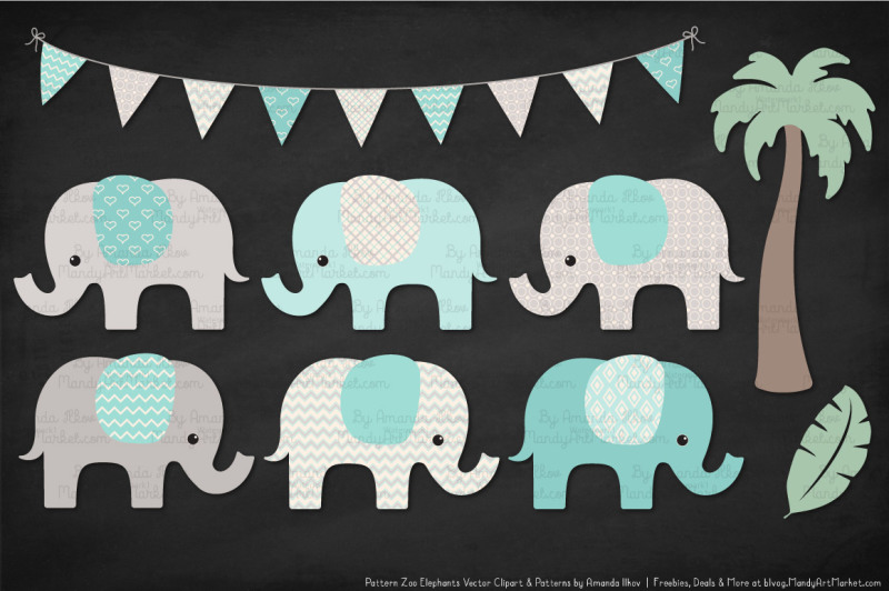 pattern-zoo-vector-elephants-clipart-and-digital-papers-in-aqua
