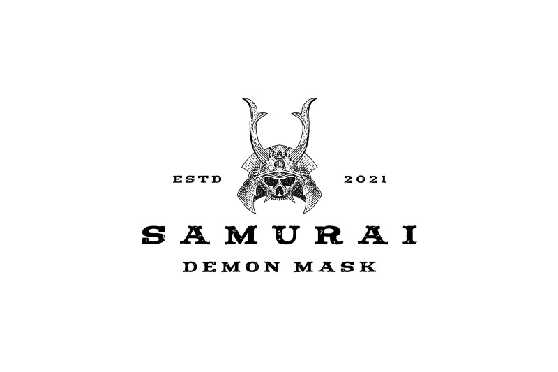 vintage-hand-drawn-japanese-samurai-demon-mask-logo-design