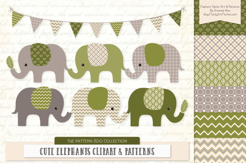pattern-zoo-vector-elephants-clipart-and-digital-papers-in-avocado
