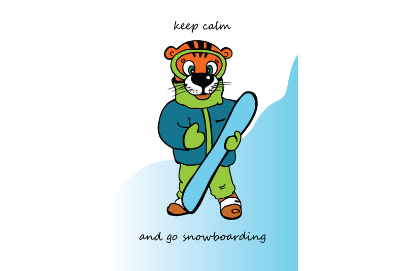 keep-calm-and-go-snowboarding-cure-tiger-with-snowboard-vector-drawing-poster-a4-and-greeting-card-template-pdf-jpg