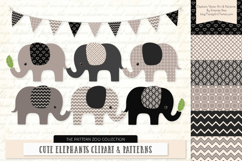 pattern-zoo-vector-elephants-clipart-and-digital-papers-in-black