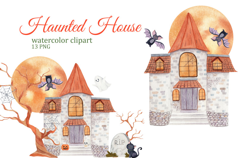 haunted-house-halloween-watercolor-clipart-fall-png-cute-ghost-clipa