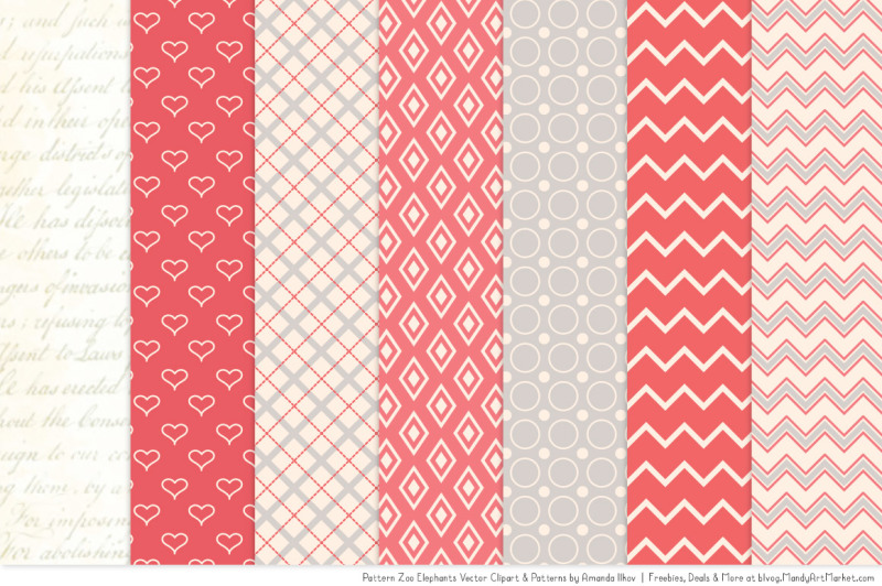 pattern-zoo-vector-elephants-clipart-and-digital-papers-in-coral