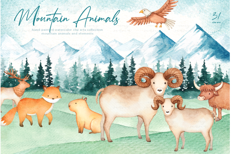 mountain-animals-watercolor-clip-art