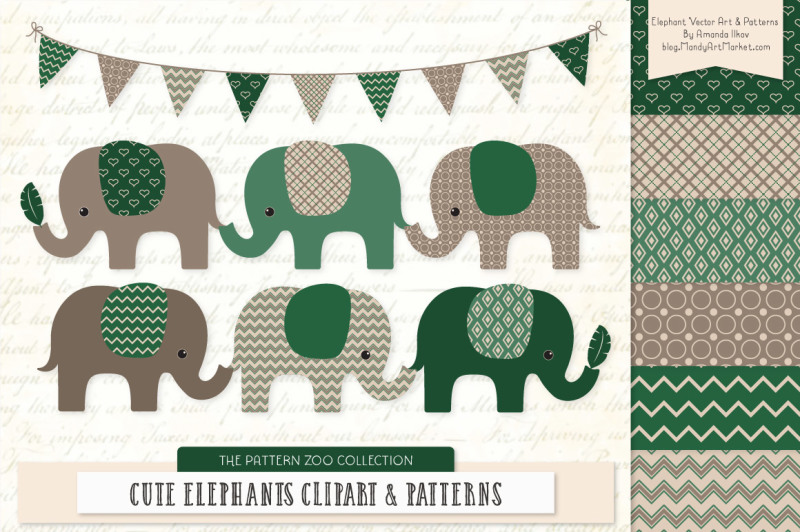 pattern-zoo-vector-elephants-clipart-and-digital-papers-in-emerald