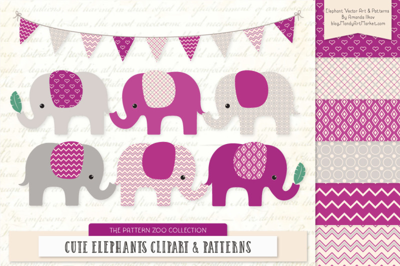 pattern-zoo-vector-elephants-clipart-and-digital-papers-in-fuchsia