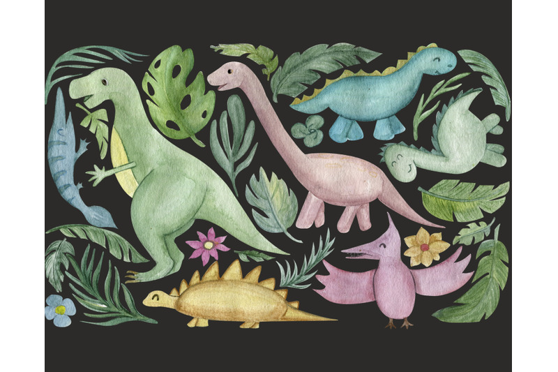 neutral-dinosaur-clipart-palm-leaves-tropical-clip-art