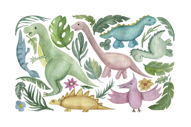 neutral-dinosaur-clipart-palm-leaves-tropical-clip-art