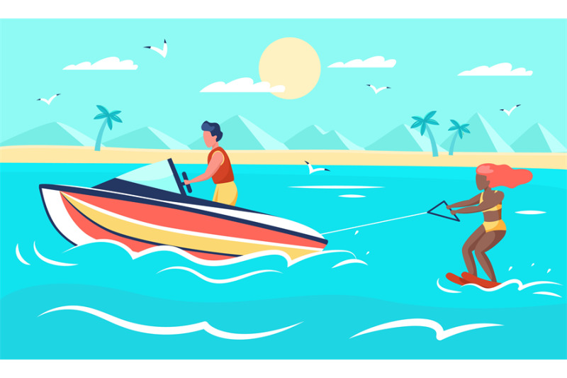 sea-extreme-summer-beach-sport-woman-on-water-skis-young-man-drives