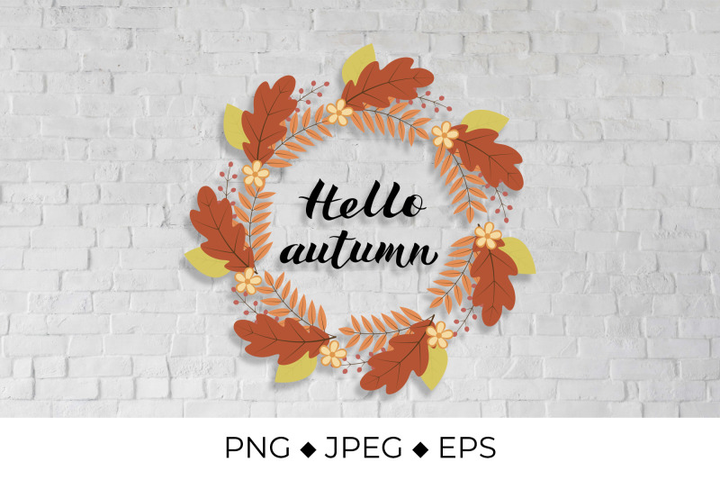 hello-autumn-lettering-in-wreath-with-colorful-leaves-and-flowers