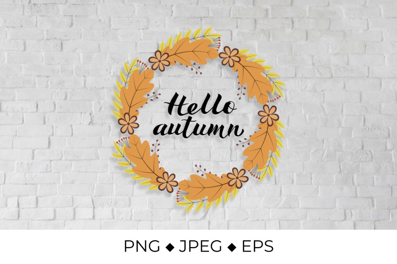 hello-autumn-lettering-in-wreath-with-colorful-leaves-and-flowers