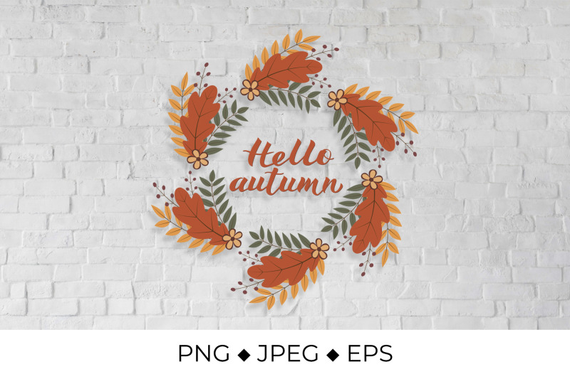 hello-autumn-lettering-in-wreath-with-colorful-leaves-and-flowers