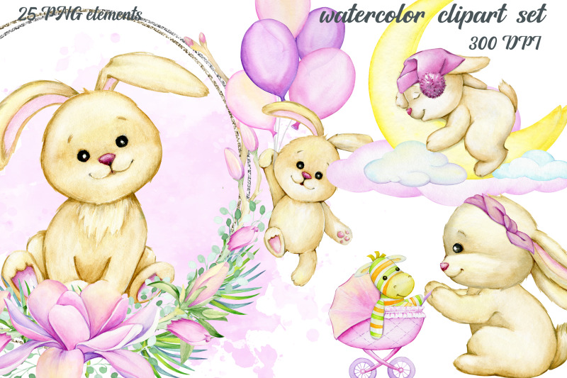 watercolor-animals-cute-bunnies-pose-clipart-balloons-clouds-moon
