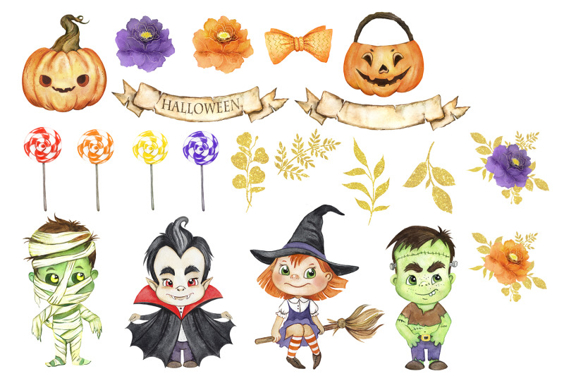 halloween-characters-watercolor-clipart-zombie-witch-vampire