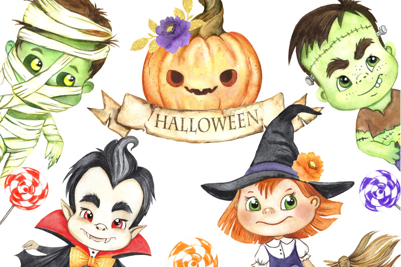 halloween-characters-watercolor-clipart-zombie-witch-vampire