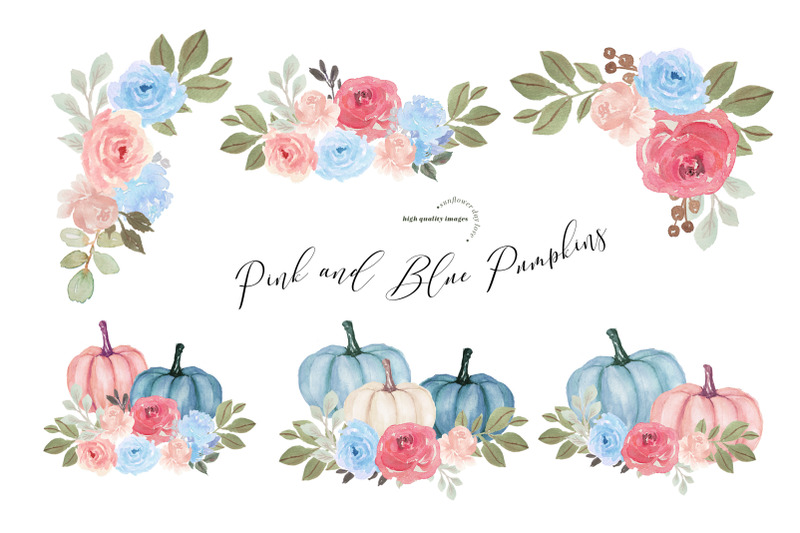 pink-amp-blue-flowers-pumpkin-clipart-fall-autumn-floral-leaves