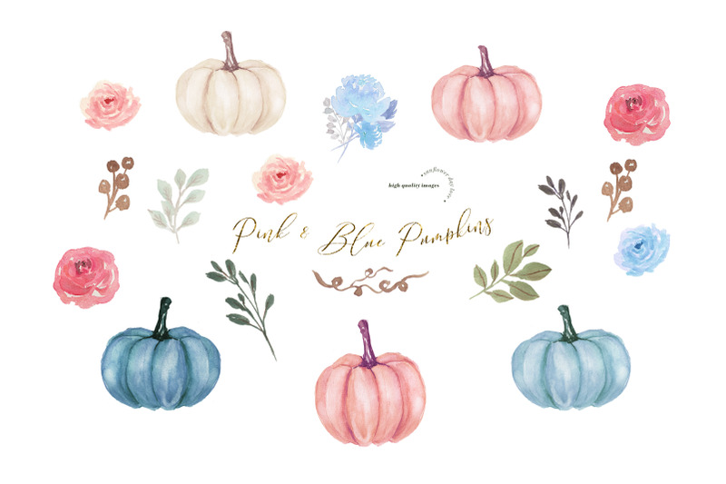 elegant-pink-amp-blue-flowers-pumpkin-clipart-fall-pumpkin-watercolor