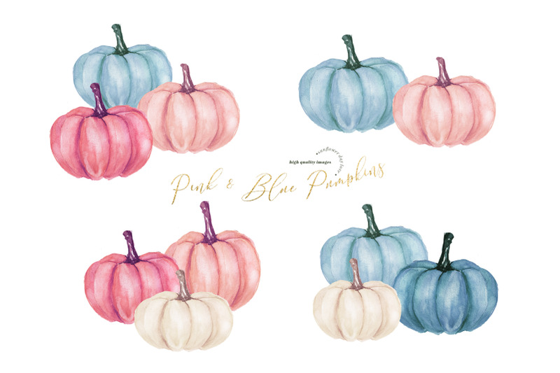 elegant-pink-amp-blue-flowers-pumpkin-clipart-fall-pumpkin-watercolor