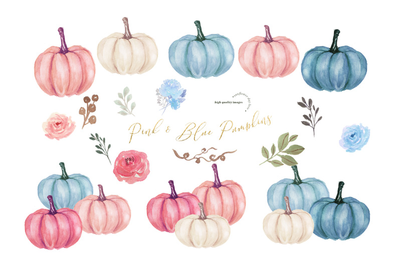 elegant-pink-amp-blue-flowers-pumpkin-clipart-fall-pumpkin-watercolor