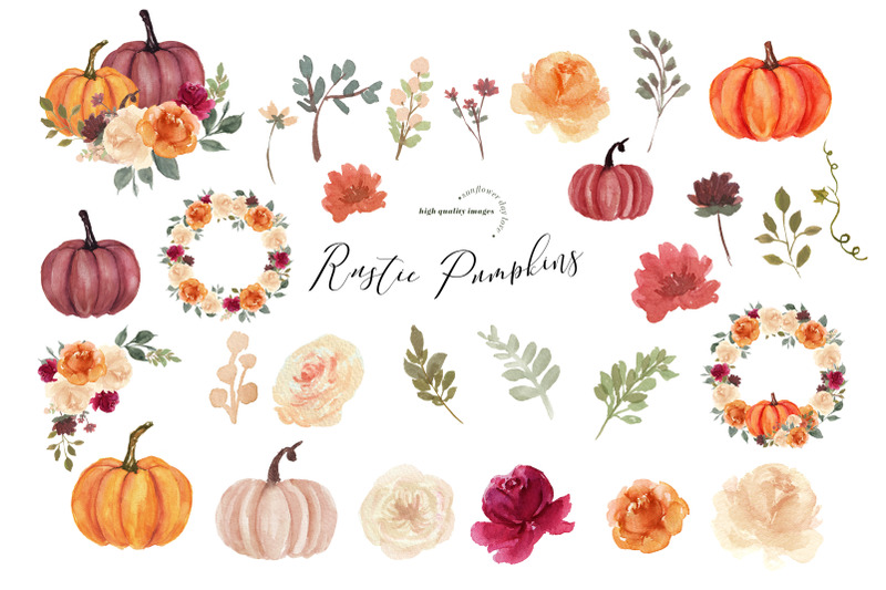 burnt-orange-pumpkin-clipart-boho-floral-leaves-pumpkin-watercolor