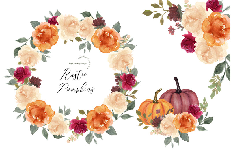 burnt-orange-pumpkin-clipart-boho-floral-leaves-pumpkin-watercolor