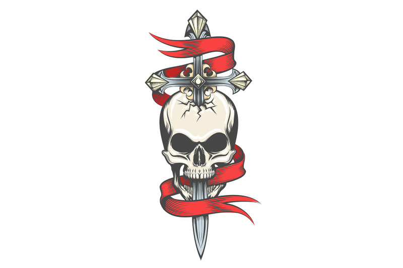 skull-pierced-by-sword-colorful-tattoo