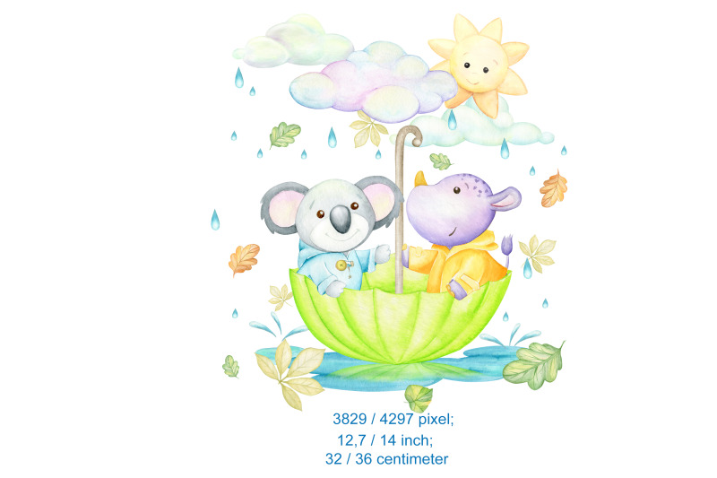 watercolor-animals-clipart-panda-rhino-umbrella-clouds-sun-rain