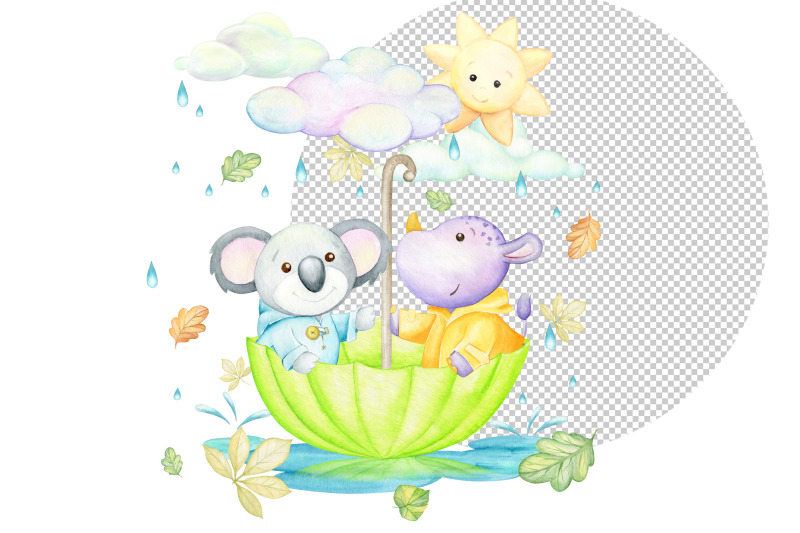 watercolor-animals-clipart-panda-rhino-umbrella-clouds-sun-rain