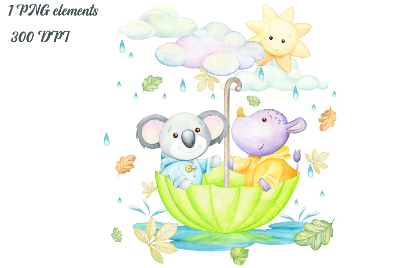 watercolor-animals-clipart-panda-rhino-umbrella-clouds-sun-rain