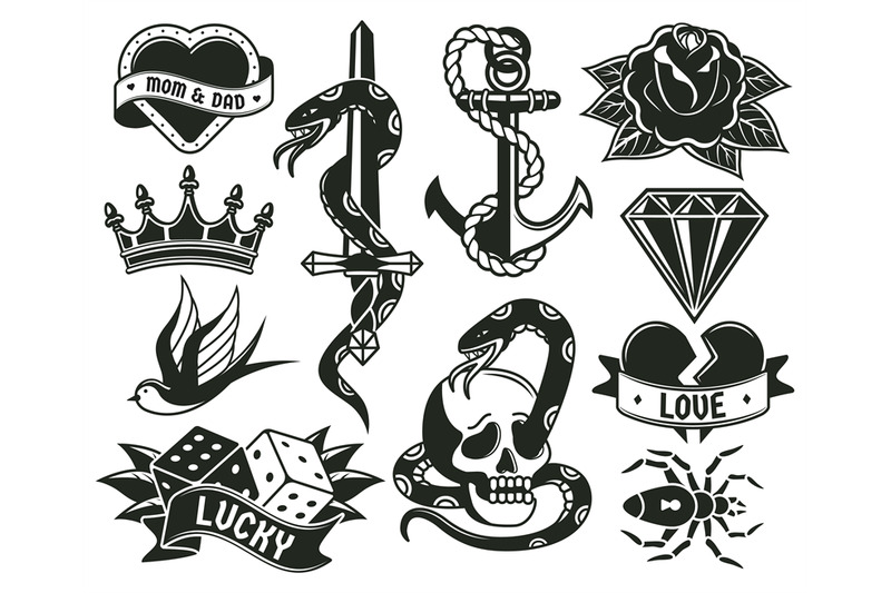 old-school-tattoo-symbols-heart-knife-knot-roses-retro-tattooing
