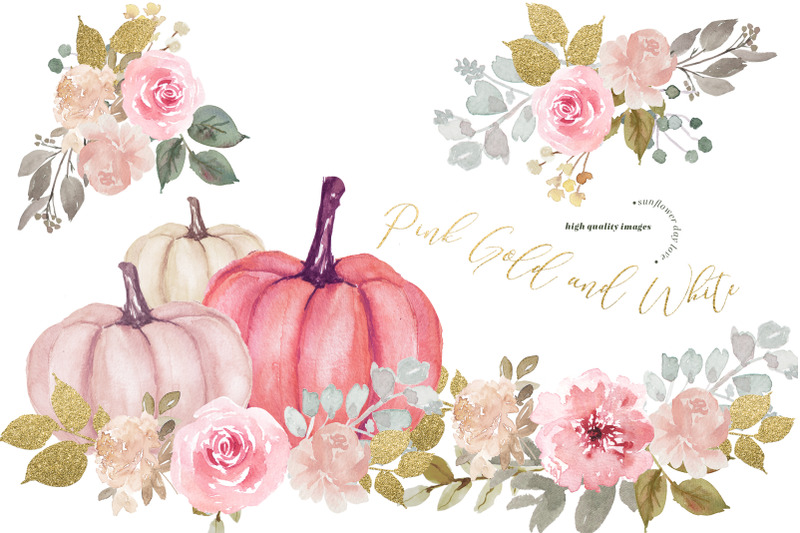 modern-pink-amp-gold-glitter-flowers-pumpkin-clipart-elegant-pumpkin