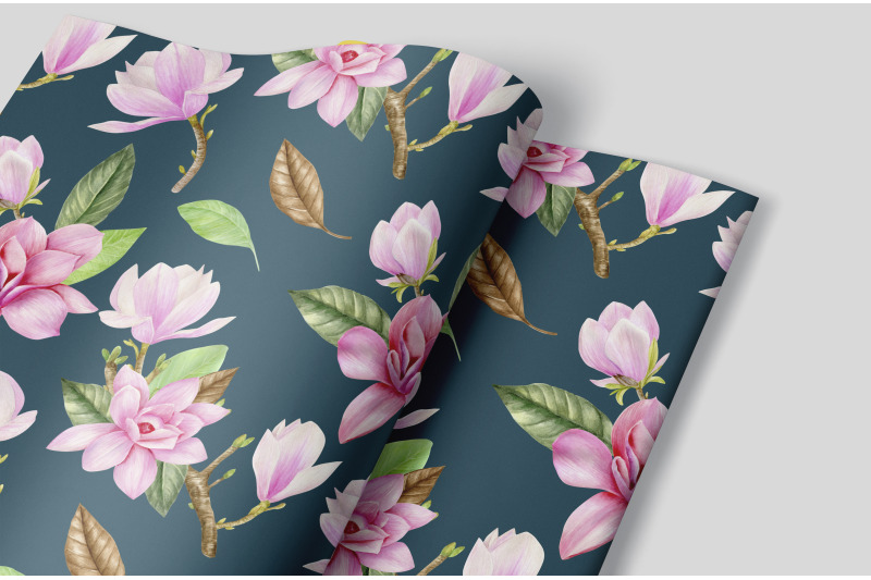 magnolia-watercolor-digital-paper-bright-pink-floral-seamless-pattern