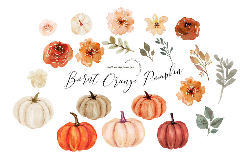 burnt-orange-pumpkin-clipart-boho-floral-leaves-pumpkin-watercolor