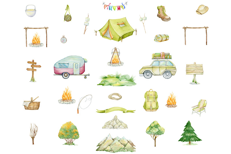 watercolor-clipart-fall-camping-clipart-suv-mobile-home-landscape