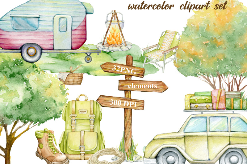 watercolor-clipart-fall-camping-clipart-suv-mobile-home-landscape