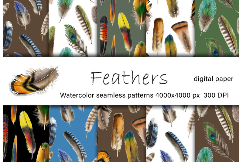 feathers-watercolor-digital-paper-feathers-seamless-patterns