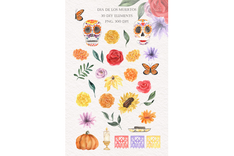 dia-de-los-muertos-watercolor-sugar-skulls-and-marigolds