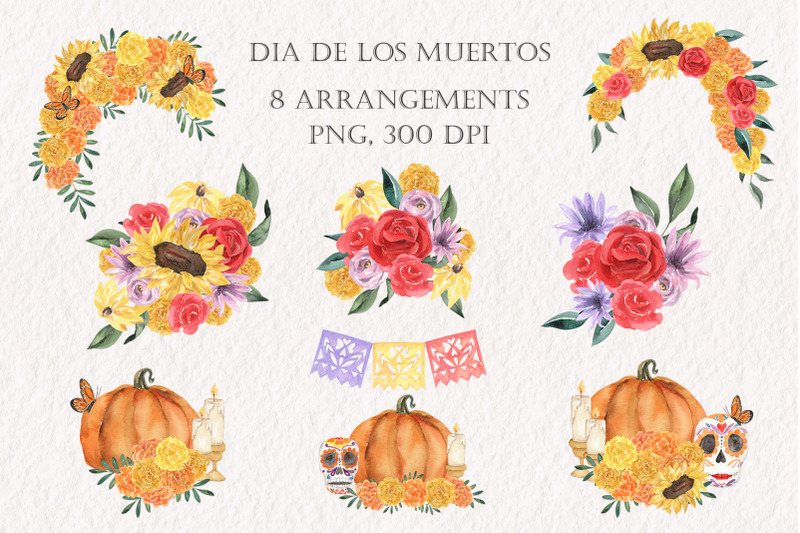 dia-de-los-muertos-watercolor-sugar-skulls-and-marigolds