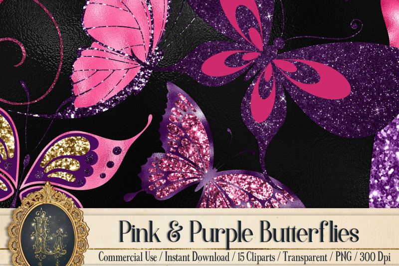 15-pink-purple-gold-glitter-foil-fairy-butterfly-clip-arts
