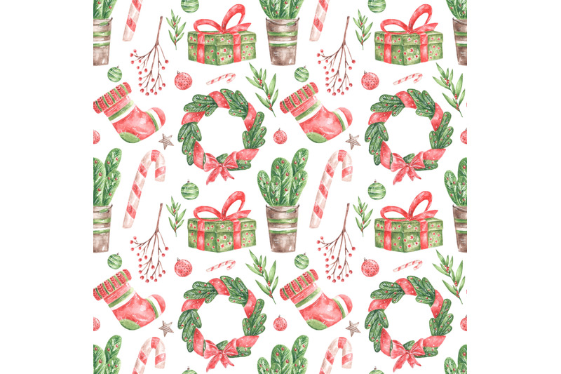 christmas-watercolor-seamless-pattern-christmas-wreath-gift-sock