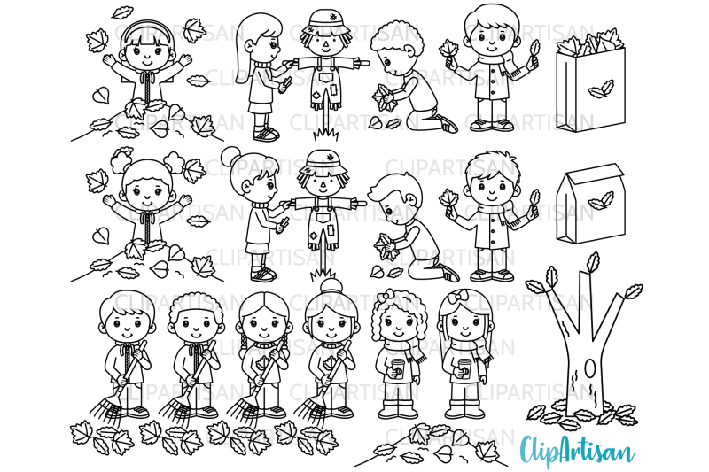fall-kids-clipart-autumn-leaves-digital-stamp