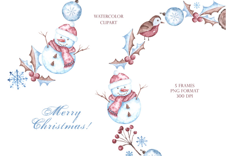 christmas-watercolor-clipart-wreath-new-year-winter-snowman-house