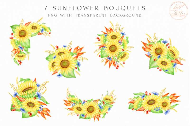 watercolor-sunflower-bouquets-fall-sunflowers-and-cornflowerpng-clipa